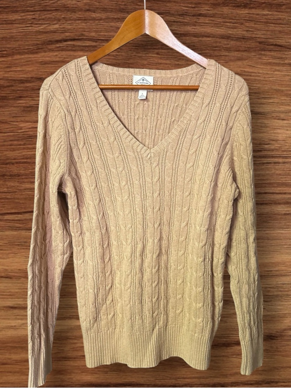 St. John's Bay Tan Colored Cable Knit Long-Sleeved V-Neck Sweater